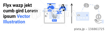 E-commerce, online payments, shopping, financial growth, digital wallets, transactions. People shopping online, payment card and money icons. E-commerce and online payments concept E-commerce, online payments, shopping, financial growth, digital wallets, transactions. People shopping online, payment card and money icons. E-commerce and online payments concept 138861725