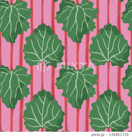 Rhubarb vector seamless pattern illustration. Large green leaves and red stalks on pink background. Bold botanical vegetable repeat tile design for textile, kitchen decor in modern flat playful style Rhubarb vector seamless pattern illustration. Large green leaves and red stalks on pink background. Bold botanical vegetable repeat tile design for textile, kitchen decor in modern flat playful style 138861726