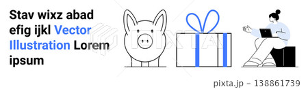 Financial education, savings, online shopping, digital connectivity, business planning, e-learning. A piggy bank, gift box and seated figure with a laptop. Financial savings and online shopping 138861739