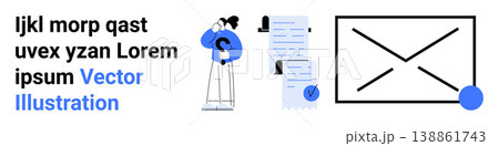 Communication, digital workflow, file management, email verification, information exchange, productivity tools. A person pondering next to documents and an envelope. Communication and digital 138861743