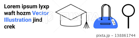 Education, shopping, search tools, learning, fashion, investigation. A graduation cap, handbag with a tag and a magnifying glass. Education and shopping conceptual icons 138861744
