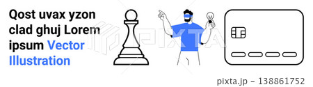 Virtual reality, technology innovation, digital payments, strategic decision-making, creativity, modern solutions. A man wearing VR glasses with a light bulb idea, chess pawn, and credit card icon 138861752