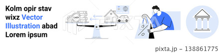 Business planning, taxation, property ownership, financial decisions, legal processes, investment. Icons of a weighing scale, man with calculations property exchange. Taxation and business planning Business planning, taxation, property ownership, financial decisions, legal processes, investment. Icons of a weighing scale, man with calculations property exchange. Taxation and business planning 138861775