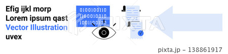 Artificial intelligence, data security, digital communication, programming, analysis, vision systems. Illustrated binary code, eye documents and arrow. Artificial intelligence and data security Artificial intelligence, data security, digital communication, programming, analysis, vision systems. Illustrated binary code, eye documents and arrow. Artificial intelligence and data security 138861917