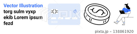 Digital payments, online banking, financial services, money management, e-commerce, remote access. Illustration showing credit card, coin and a woman using a laptop. Digital payments and online Digital payments, online banking, financial services, money management, e-commerce, remote access. Illustration showing credit card, coin and a woman using a laptop. Digital payments and online 138861920