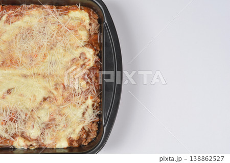 Unbaked Lasagna with Cheese in Baking Pan Unbaked Lasagna with Cheese in Baking Pan 138862527