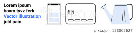 Digital tools, e-commerce, gardening, technology, financial transactions, design simplicity. Smartphone interface, credit card and watering can line drawings. E-commerce and gardening illustrated Digital tools, e-commerce, gardening, technology, financial transactions, design simplicity. Smartphone interface, credit card and watering can line drawings. E-commerce and gardening illustrated 138862627