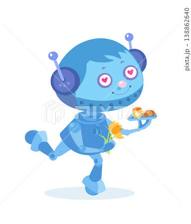 Cute blue robot in love holding tray with breakfast and flowers isolated on white. Romantic android character with heart eyes carrying coffee croissant and yellow tulips. Cute blue robot in love holding tray with breakfast and flowers isolated on white. Romantic android character with heart eyes carrying coffee croissant and yellow tulips. 138862640