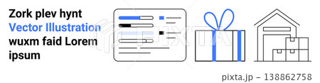 E-commerce, logistics, shipping, digital forms, inventory management, supply chain. Digital form with text, gift box and warehouse outline. E-commerce and logistics concept E-commerce, logistics, shipping, digital forms, inventory management, supply chain. Digital form with text, gift box and warehouse outline. E-commerce and logistics concept 138862758