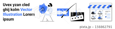 Cybersecurity, identity theft prevention, e-commerce security, phishing detection, online fraud, data protection. A person holding a shield, phishing rod and online shopping elements. Cybersecurity Cybersecurity, identity theft prevention, e-commerce security, phishing detection, online fraud, data protection. A person holding a shield, phishing rod and online shopping elements. Cybersecurity 138862791