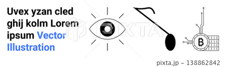 Blockchain technology, cryptocurrency, data analysis, cyber protection, digital transactions, innovation. Minimalist design with eye, magnifying glass and bitcoin circuit. Blockchain security Blockchain technology, cryptocurrency, data analysis, cyber protection, digital transactions, innovation. Minimalist design with eye, magnifying glass and bitcoin circuit. Blockchain security 138862842