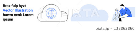Cloud storage, data management, web connectivity, global networking, online services, digital communication. ion of a cloud, globe and individual interacting with a screen. Cloud storage and data 138862860