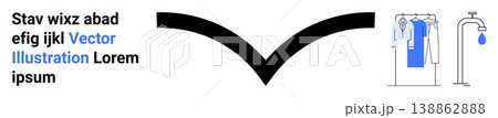Graphic design, water conservation, sustainability , minimalism, abstract art, and laundry care. Black fold shape, clothes rack with garments and a water tap with droplet. Water conservation 138862888