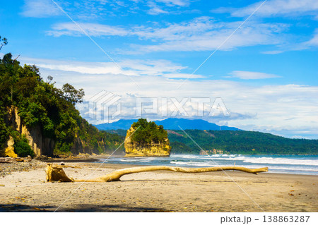 The beautiful aerial view of the morning on the beach with blue sea water in Kaur, Bengkulu, Indonesia The beautiful aerial view of the morning on the beach with blue sea water in Kaur, Bengkulu, Indonesia 138863287