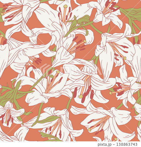 Vintage seamless pattern with hand drawn white lily flowers on orange background. Boho floral repeat wallpaper 138863743
