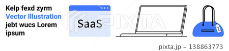 Software services, technology usage, business tools, e-commerce, modern workflow, remote work. SaaS interface, laptop and handbag with tag. Software services and e-commerce concept 138863773