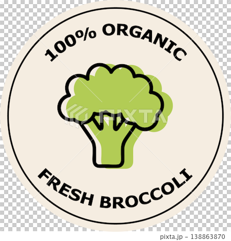 Circular organic broccoli label with a green vegetable icon, bold sans-serif text, and a clean cream-colored background for product packaging Circular organic broccoli label with a green vegetable icon, bold sans-serif text, and a clean cream-colored background for product packaging 138863870