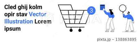 Online shopping, digital communication, e-commerce, customer interaction, retail marketing, user interface design. Shopping cart with a notification icon and two people with objects. E-commerce Online shopping, digital communication, e-commerce, customer interaction, retail marketing, user interface design. Shopping cart with a notification icon and two people with objects. E-commerce 138863895