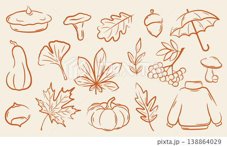 Autumn seasonal elements collection with pumpkin falling leaves and cozy sweater 138864029