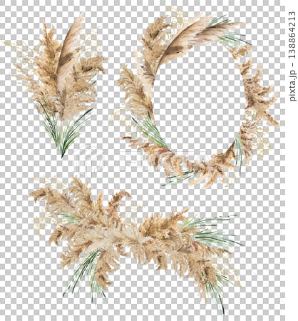 Watercolor beige pampas grass frame and bouquets clipart, Boho Wedding isolated illustration 138864213