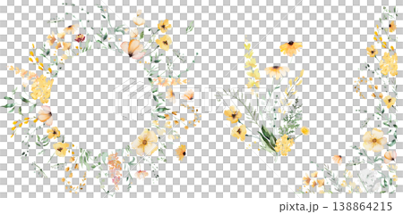 Round floral clipart with yellow watercolor wildflowers and leaves, hand drawn wedding illustration 138864215