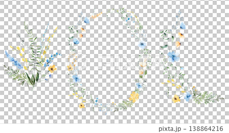 Watercolor oval floral wreath and bouquets clipart with blue and yellow flowers. Botanical wedding 138864216