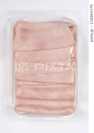 Sliced cooked ham in plastic packaging Sliced cooked ham in plastic packaging 138864379