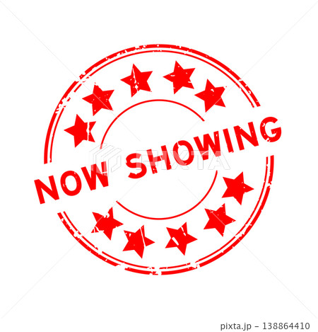 Grunge red now showing word with star icon round rubber seal stamp on white background 138864410
