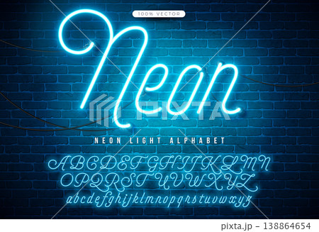 Glowing Neon Light Alphabet with Cable and Shadow on Vintage Brick Wall Background. Retro Vector Font Collection with Shiny Bright Lights. ABC, Number and Special Character Design for Casino, Night Glowing Neon Light Alphabet with Cable and Shadow on Vintage Brick Wall Background. Retro Vector Font Collection with Shiny Bright Lights. ABC, Number and Special Character Design for Casino, Night 138864654