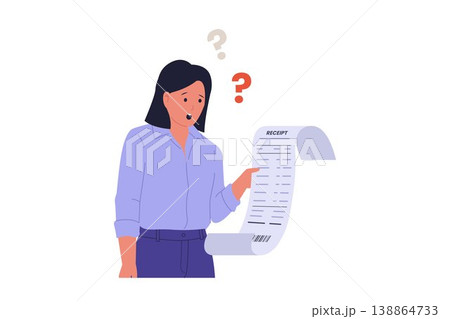 Worried Woman Looking at Long Receipt Bill Worried Woman Looking at Long Receipt Bill 138864733