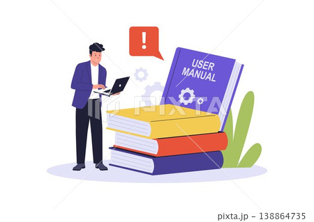 Illustration of Man Reading User Manual Book with Laptop 138864735
