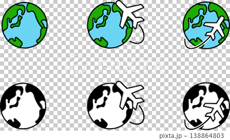 Line art icon of the Earth and an airplane for overseas travel (color) 138864803