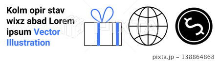 Global trade, economy, commerce, financial services, international exchange, modern business. Minimalistic gift box, globe and currency icons. Global trade and economy concept Global trade, economy, commerce, financial services, international exchange, modern business. Minimalistic gift box, globe and currency icons. Global trade and economy concept 138864868