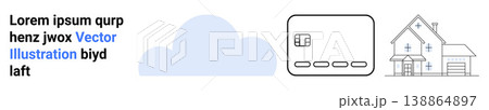 Cloud computing, online payments, home automation, technology integration, finance innovation, digital solutions. Cloud shape, credit card icon and house outline. Cloud computing and online payments 138864897
