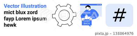 Finance, automation, technology, cashback incentives, social media, digital interaction. Gear for automation, person offering cashback metadata tag symbol. Automation and cashback incentives concept Finance, automation, technology, cashback incentives, social media, digital interaction. Gear for automation, person offering cashback metadata tag symbol. Automation and cashback incentives concept 138864976