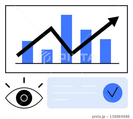 Business analysis, marketing trends, data review, growth strategies, financial planning, success tracking. Graphic of upward chart, eye icon and checkmark. Data review and business analysis concept 138864986