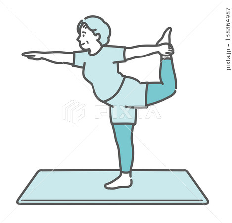 笑顔でヨガの「踊り子のポーズ」に挑戦するぽっちゃりシニア女性のイラスト 138864987
