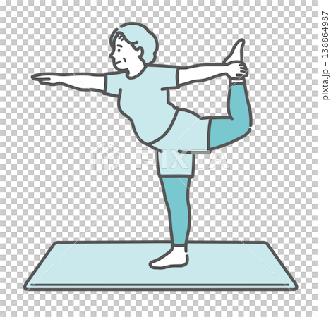 笑顔でヨガの「踊り子のポーズ」に挑戦するぽっちゃりシニア女性のイラスト 138864987