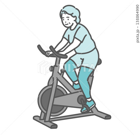 笑顔でフィットネスバイクを漕ぐぽっちゃり体型のシニア女性のイラスト 138864990