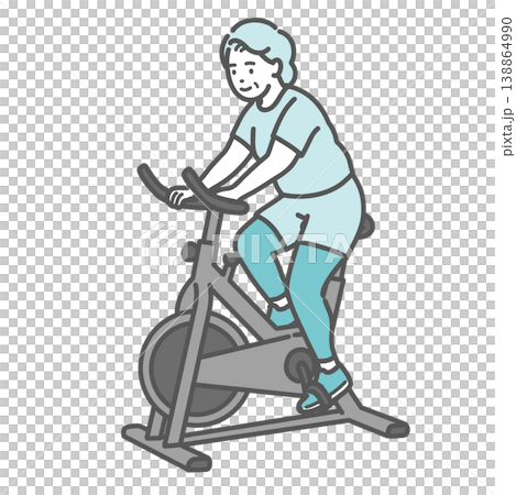 笑顔でフィットネスバイクを漕ぐぽっちゃり体型のシニア女性のイラスト 138864990