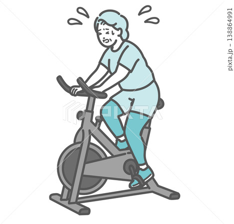 辛そうにフィットネスバイクを漕ぐぽっちゃりシニア女性のイラスト 138864991