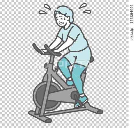 辛そうにフィットネスバイクを漕ぐぽっちゃりシニア女性のイラスト 138864991