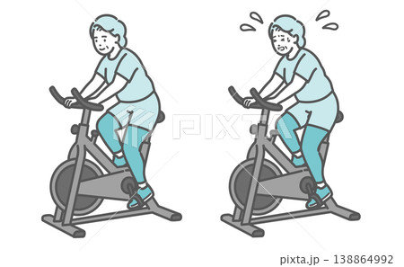 フィットネスバイクを漕ぐぽっちゃりシニア女性の比較セットイラスト フィットネスバイクを漕ぐぽっちゃりシニア女性の比較セットイラスト 138864992
