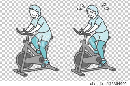 フィットネスバイクを漕ぐぽっちゃりシニア女性の比較セットイラスト フィットネスバイクを漕ぐぽっちゃりシニア女性の比較セットイラスト 138864992