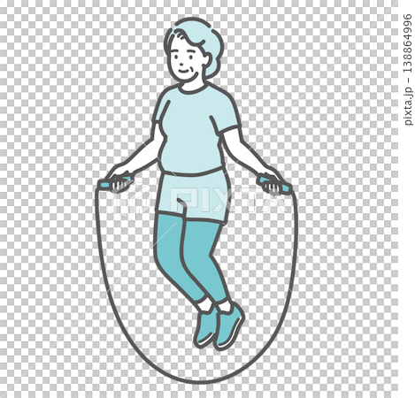 An illustration of a slightly overweight senior woman smiling while jump roping. An illustration of a slightly overweight senior woman smiling while jump roping. 138864996