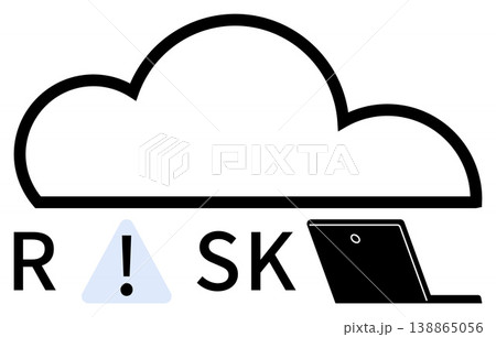 Data protection, cloud security, cybersecurity awareness, technology risks, online safety, IT vulnerability. Cloud with a warning sign and a laptop. Cloud security and technology risks visualization Data protection, cloud security, cybersecurity awareness, technology risks, online safety, IT vulnerability. Cloud with a warning sign and a laptop. Cloud security and technology risks visualization 138865056