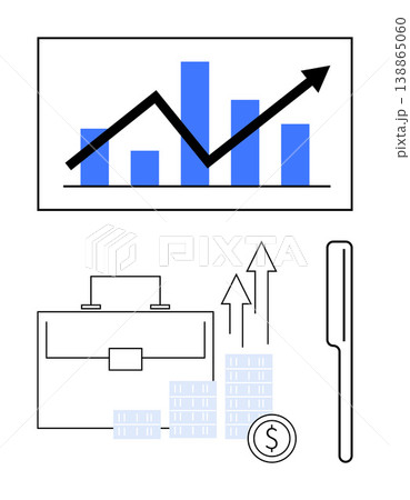 Business strategy, finance management, market analysis, profit increase, corporate performance, economic development. Graph with upward trend, briefcase and money icons. Business strategy 138865060