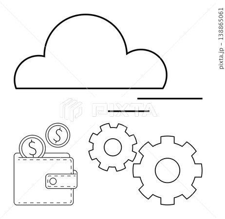 Cloud computing, financial tools, data storage, process automation, software integration, digital economy. Outline of a cloud, wallet with coins and gears. Cloud computing and financial tools Cloud computing, financial tools, data storage, process automation, software integration, digital economy. Outline of a cloud, wallet with coins and gears. Cloud computing and financial tools 138865061