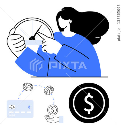 Financial planning, payment systems, budgeting, business growth, investments, transaction concepts. Woman pointing at speedometer, cash flow and dollar icons. Financial planning and payment systems Financial planning, payment systems, budgeting, business growth, investments, transaction concepts. Woman pointing at speedometer, cash flow and dollar icons. Financial planning and payment systems 138865098