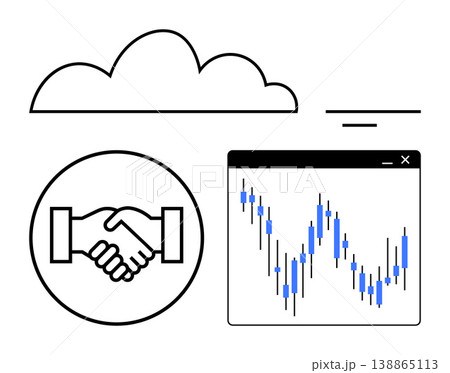 Cloud computing, digital partnerships, trading platforms, financial data, online collaboration, technology trends. Cloud, handshake symbol and a digital chart. Cloud computing and digital 138865113
